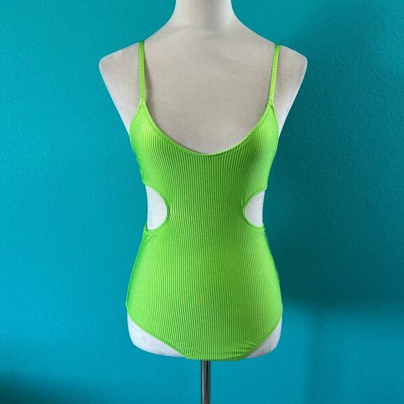 NWT Aerie Shine Rib Voop Cheeky One Piece Swimsuit Harlequin Green Cut Out Sz XS - Picture 3 of 7